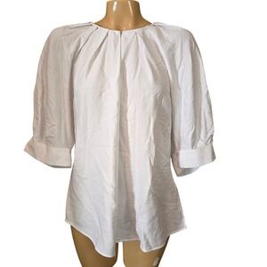 Soft Surroundings Cusco White Pleated Neck 3/4 Puff Sleeve‎ Top Women Size Med.